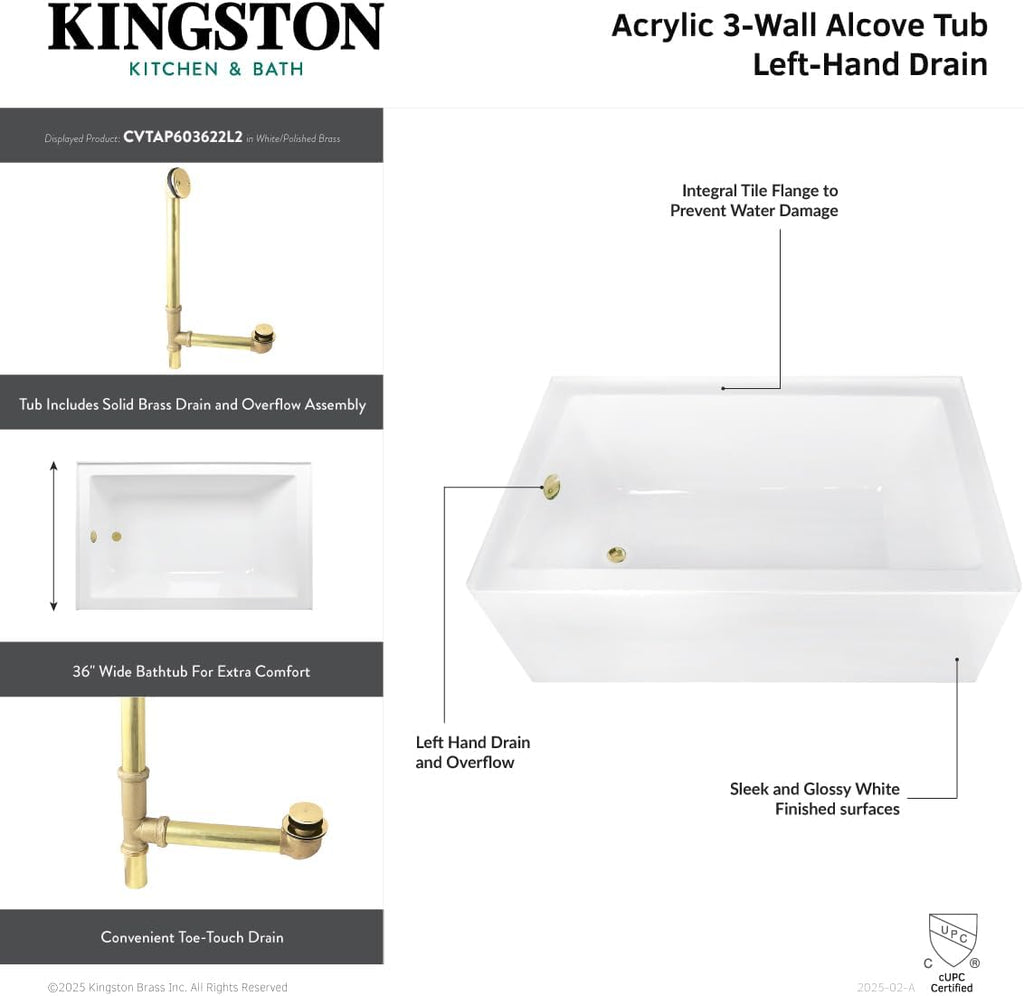 Aqua Eden CVTAP603622L5 60' Acrylic Rectangular 3-Wall Alcove Tub, Left Hand Drain, Glossy White/Oil Rubbed Bronze