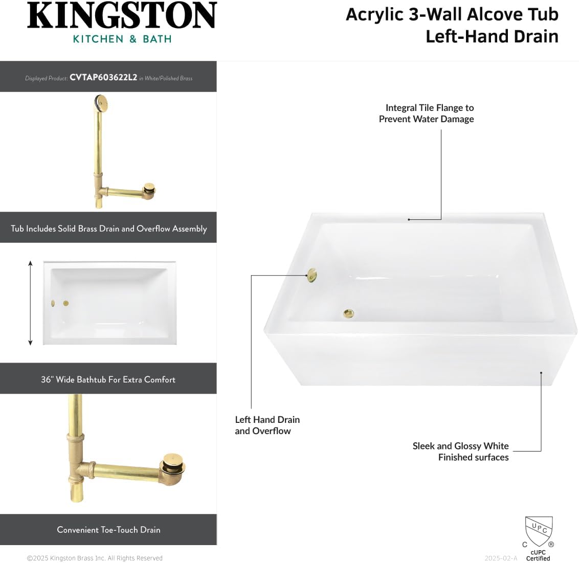 Aqua Eden CVTAP603622L5 60' Acrylic Rectangular 3-Wall Alcove Tub, Left Hand Drain, Glossy White/Oil Rubbed Bronze
