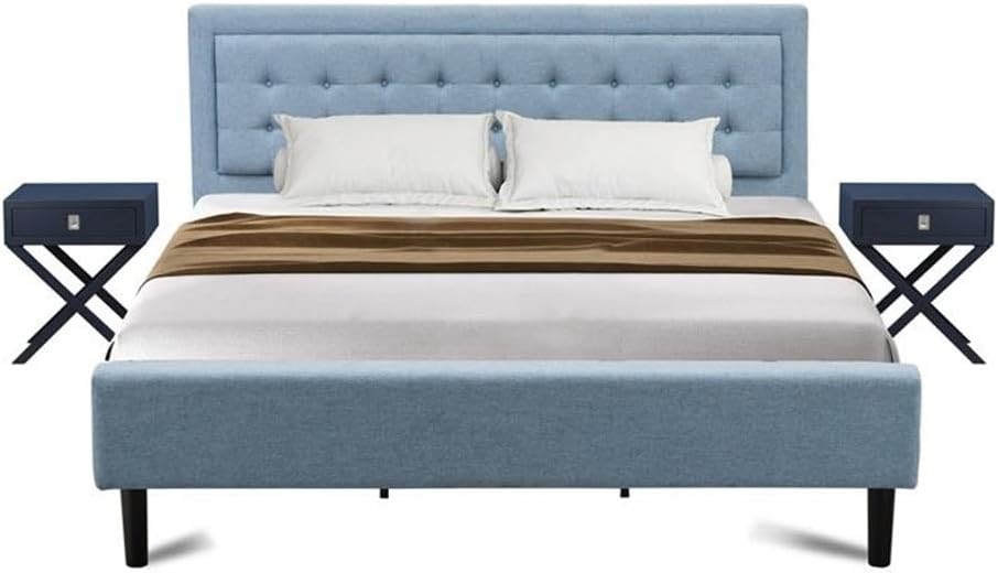 East West Furniture FN11K-2HA15 3-Piece Platform Bedroom Set with 1 Modern Bed and 2 Night Stands for Bedrooms - Reliable and Durable Construction - Denim Blue Linen Fabric