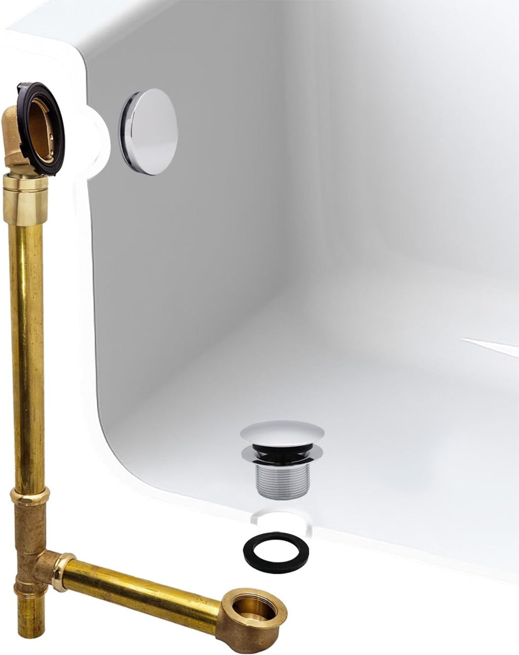 Westbrass A326HBJ-26 25' Brass Bath Waste & Overflow Assembly with European Tip-Toe Drain Plug and Illusionary Faceplate, Polished Chrome