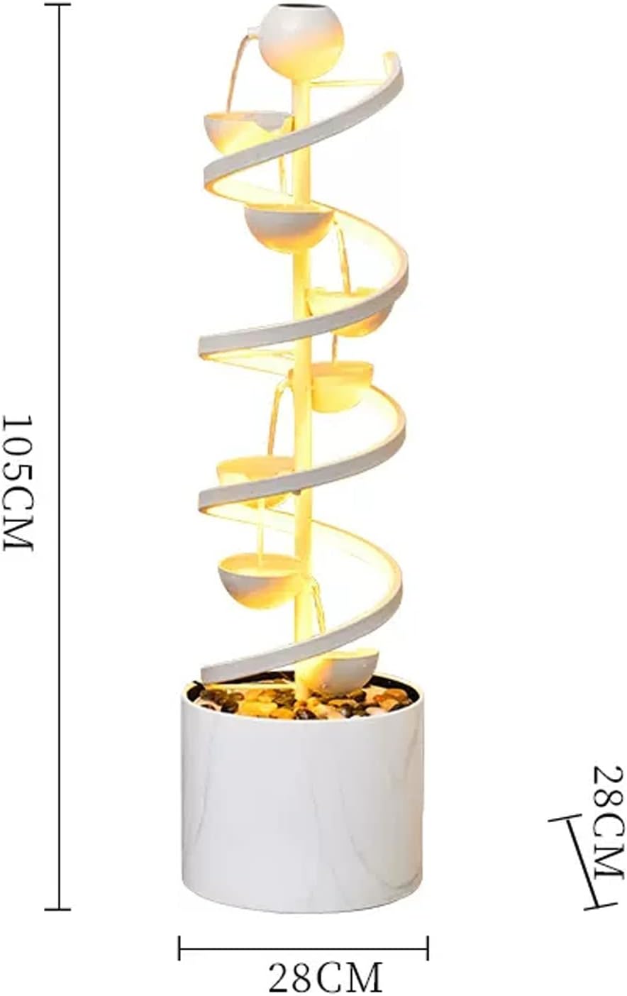 Tabletop Fountain Indoor Relaxation Fountain Waterfall with Spiral Rotating LED Light Living Room Office Water Feature Decorative Floor Lamp for Home and Spaces Decor(White)