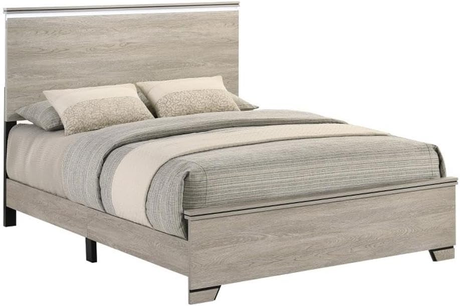 Best Quality Furniture Rustic Gray Beige Wood Queen Panel Bed Frame with LED Headboard