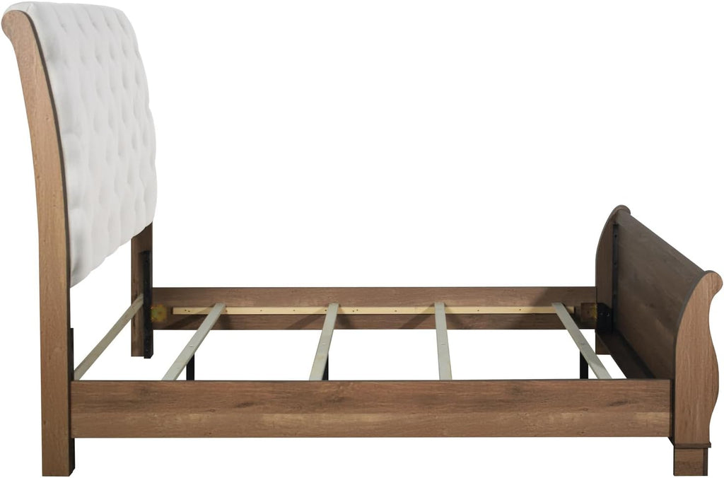 HomeStock 5-Piece Bedroom Set with Sleigh Bed - Pecan Finish - Includes Headboard, Footboard, Slat Kit, 2 Side Rails, Dresser, Mirror, Nightstand, Chest California King
