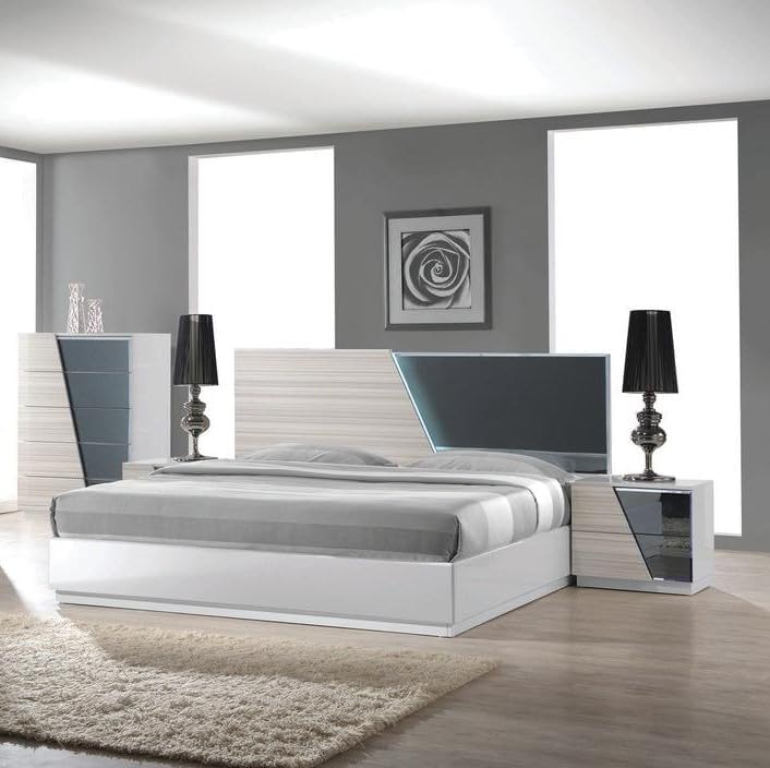 4-Piece Lacquer Wood Modern Bedroom Set, Queen Size Platform Bed with 2 Nightstand and TallBoy, LED Lighting, Zebra Gray