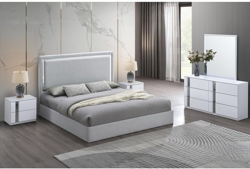 4-Piece Queen Size Modern Bedroom Set, Gray/White Wood Frame wih Mirror Trim, High Gloss Finish
