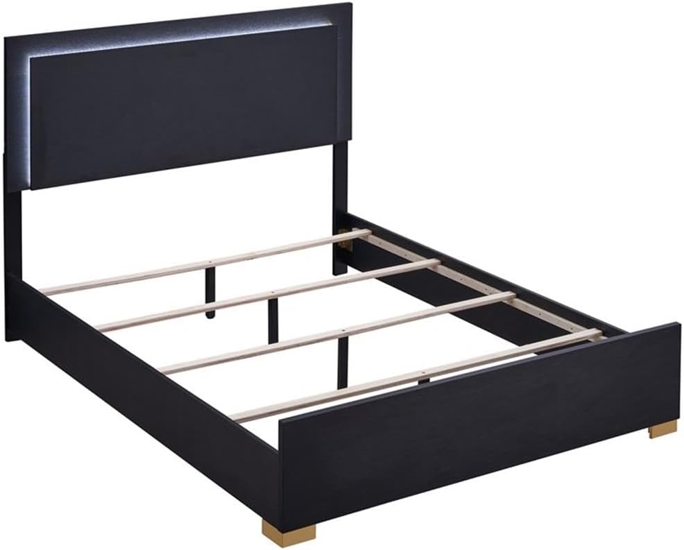 Pemberly Row 4-Piece Full Bedroom Set, Wood and Metal, Black and Gold Finish, LED Lighting Headboard, Dresser with Mirror, Nightstand, Contemporary Design, Storage Furniture for Modern Bedrooms