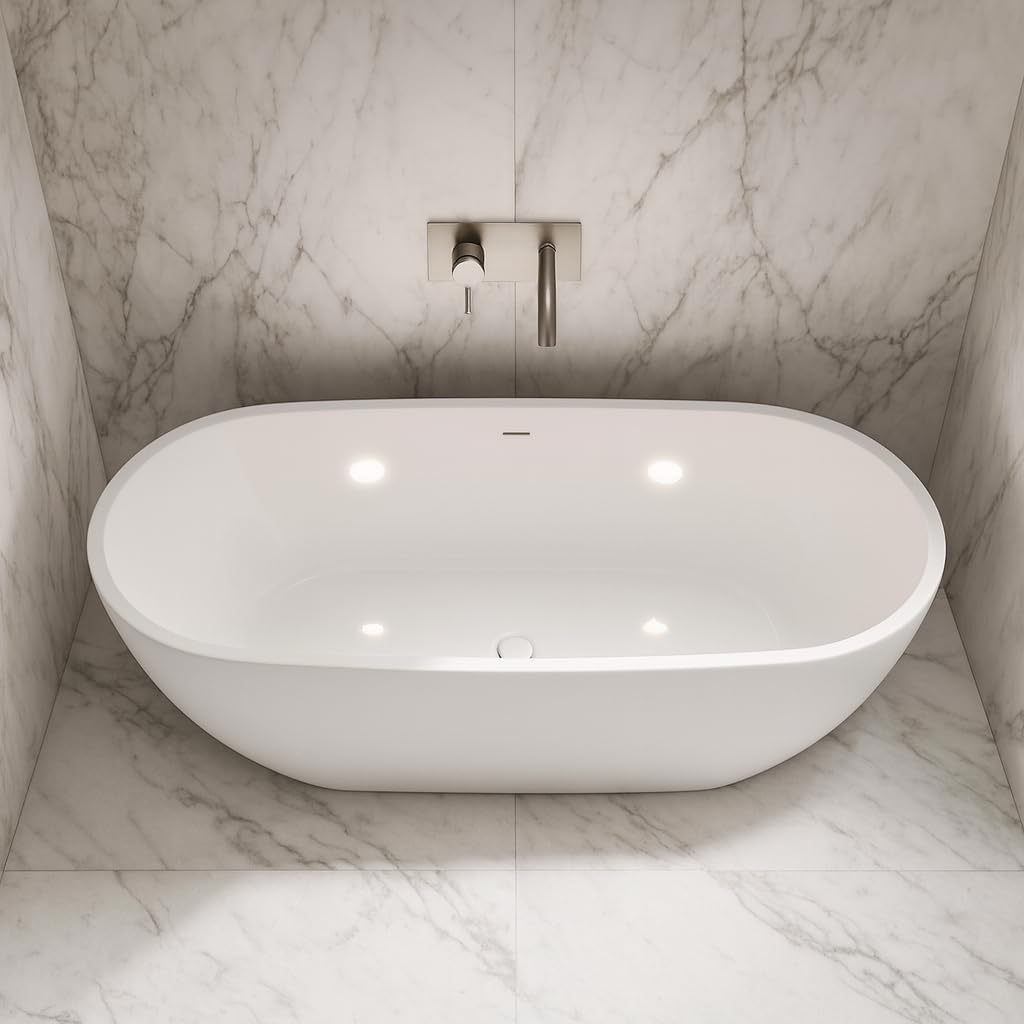 Carver Tubs - Seraphina 59'- Modern Freestanding Soaking Bathtub With Built-in LED Lights - Classic Rounded Oval Acrylic Fiberglass Chrome Drain Bath Tub - Deep Soaking - 59'L x 29'W x 23.5'H