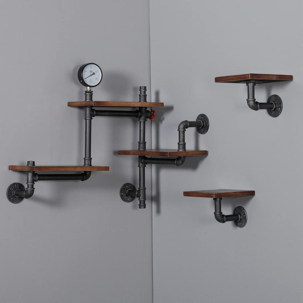 Industrial Rustic Pipe Shelving Floating Shelves Wall Mounted, 5 Laye Modern Wood Ladder Pipe Wall Shelf for Bar Living Room DIY Storage Shelving Bookcase