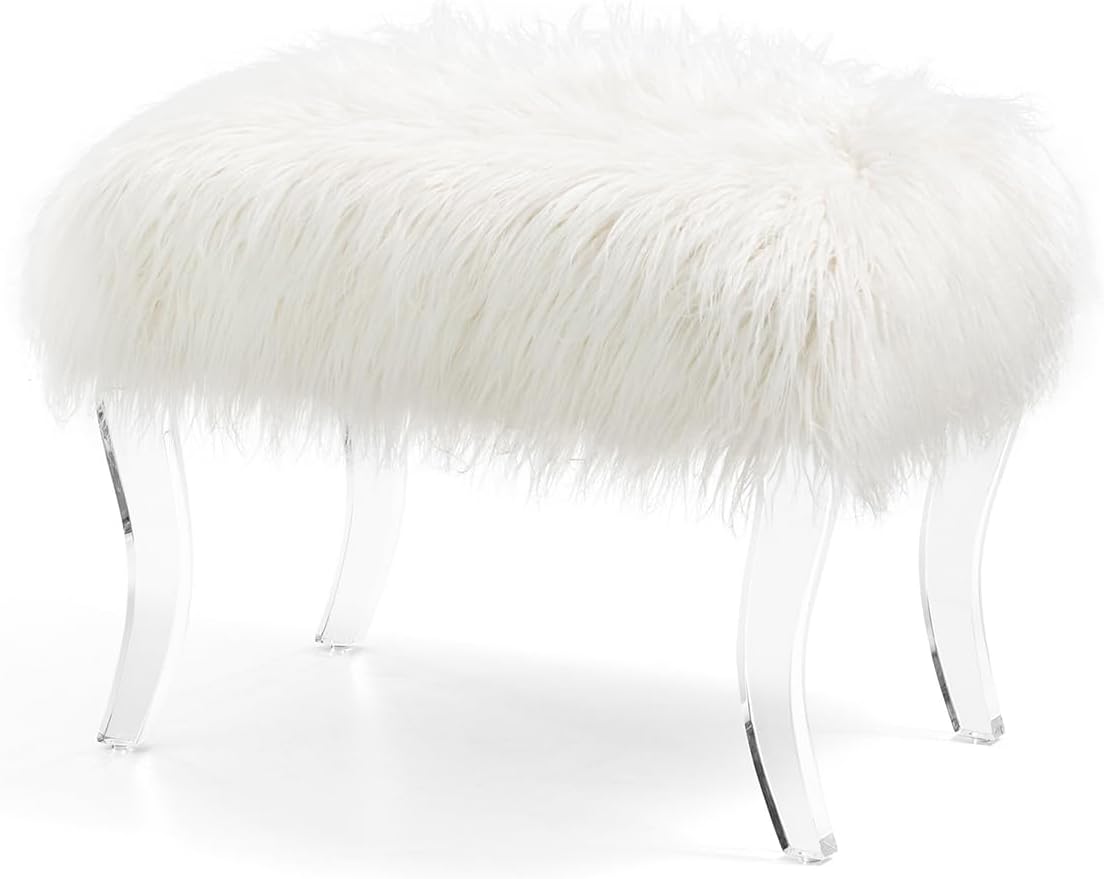 Glitzhome Ottoman Bench, White Faux Fur Ottoman Foot Rest, 24' L Modern Vanity Stool Chair with Acrylic Legs for Living Room Bedroom Entryway Makeup Bench End of Bed