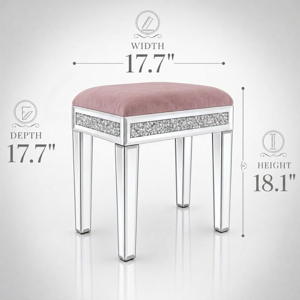 Vanity Stool with Storage Mirrored Legs, Velvet Cushioned Ottoman, Hidden Compartment, Sparkling Diamond Trim, Glam Makeup Chair & Piano Bench (Dusty Pink)