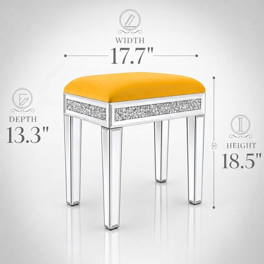 Vanity Stool with Storage Mirrored Legs, Velvet Cushioned Ottoman, Hidden Compartment, Sparkling Diamond Trim, Glam Makeup Chair & Piano Bench (Yellow)