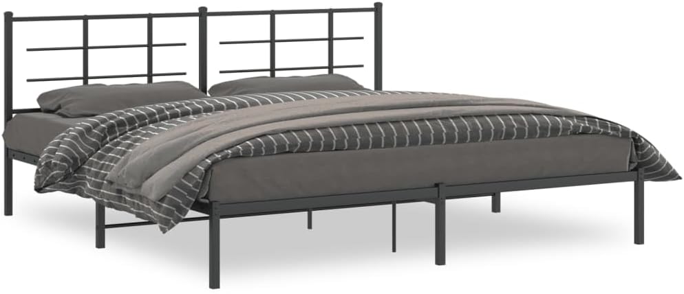 Metal Bed Frame with Headboard Black Steel King Size Platform Bedframe 76'x79.9' Durable Bed Base with Underbed Storage Space for Bedroom Furniture