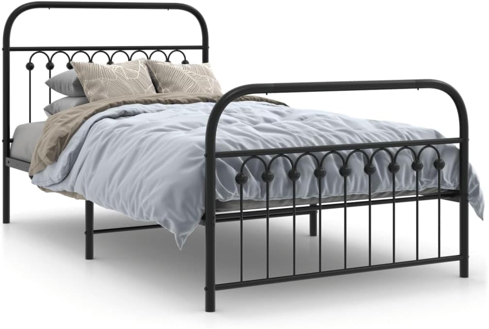 Twin Bed Frame Black Steel Platform Style 39.4x78.7 Inch Single Bed Frame with Headboard and Footboard for Bedroom