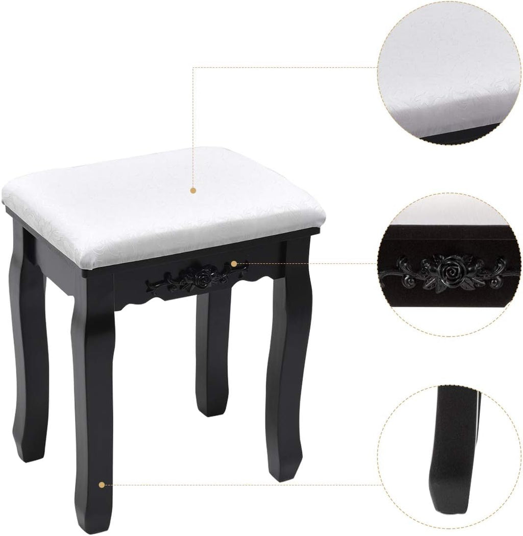 Giantex Vanity Set with Tri-Folding Mirror and 4 Drawers, Makeup Dressing Table with Cushioned Stool for Girls Women, Modern Bedroom Bathroom Makeup Table with Stool (Black)