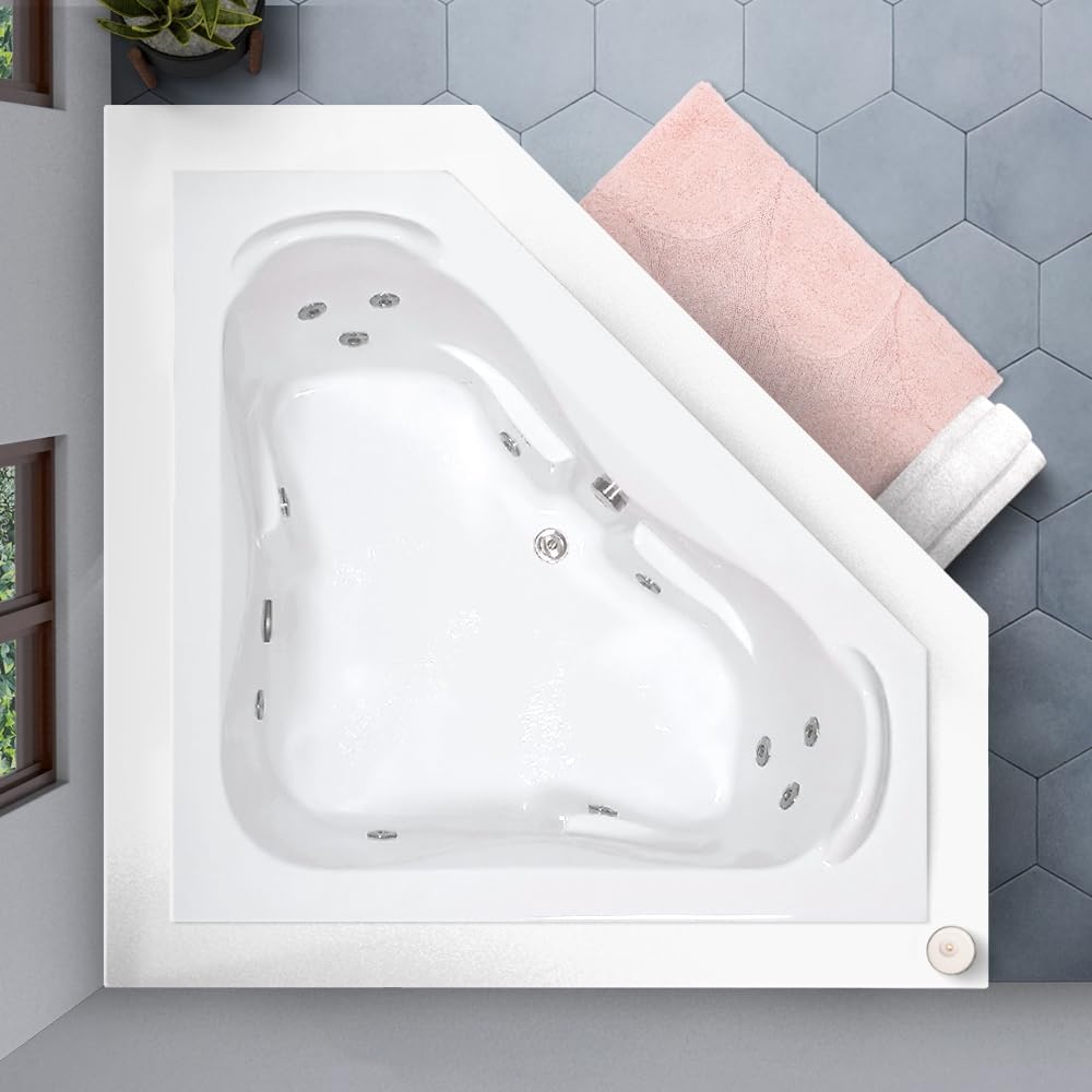 60 in. x 60 in. Acrylic Corner Drop-In Whirlpool Bathtub with Center Drain in Biscuit