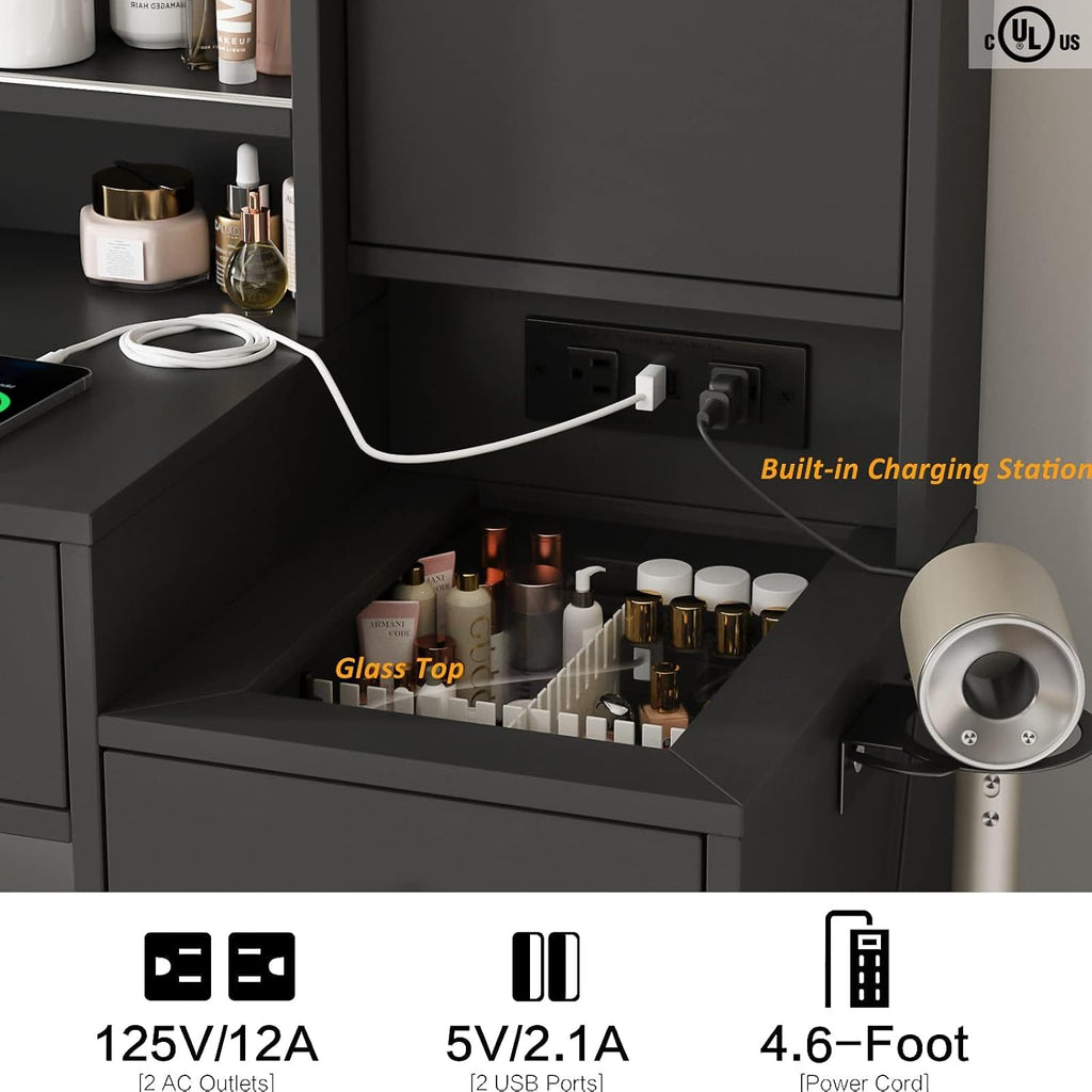 Vabches Vanity Desk with Mirror and Lights, Vanity Table Makeup Vanity with Lights 3 Drawers and Cabinets, Charging Station & Sliding Door, Lots Storage Shelves