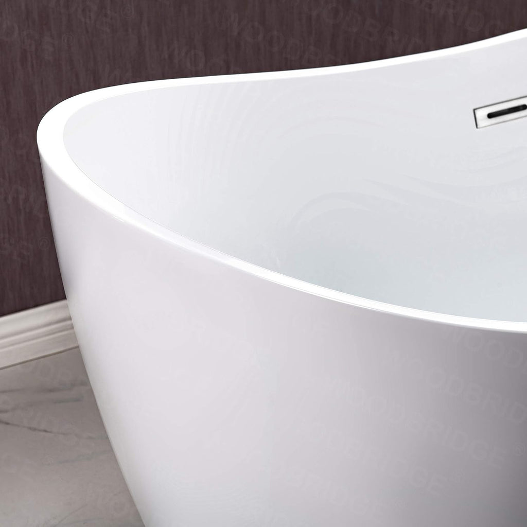 WOODBRIDGE 59' Acrylic Freestanding Bathtub Contemporary Soaking White Tub with Chrome Overflow and Drain，BTA1516-C-Drain-&O