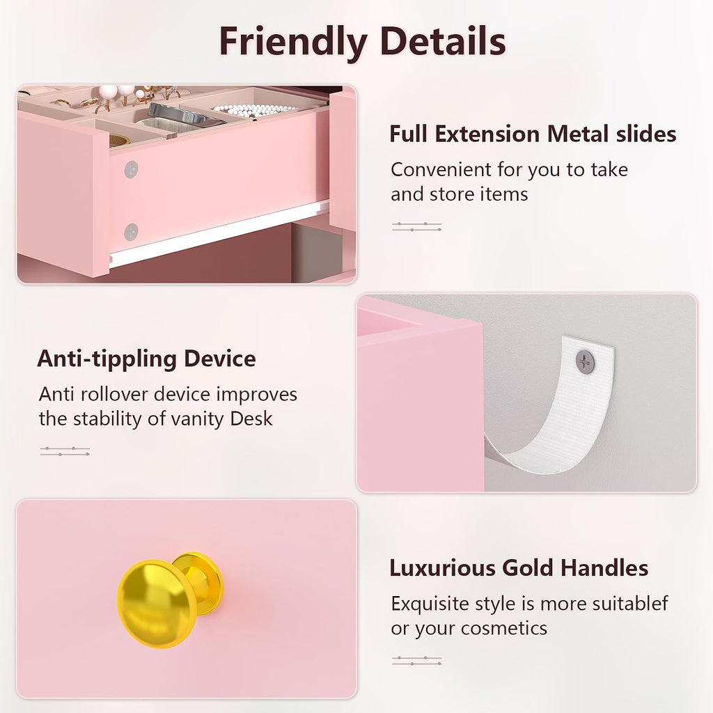 Vanity Desk with Mirror and Lights, Makeup Vanity Table with Power Outlet, Dressing Vanity Table Set with 6 Drawers & 4 Cabinets, 3 Color Modes & Brightness Adjusted, for Bedroom Room, Pink