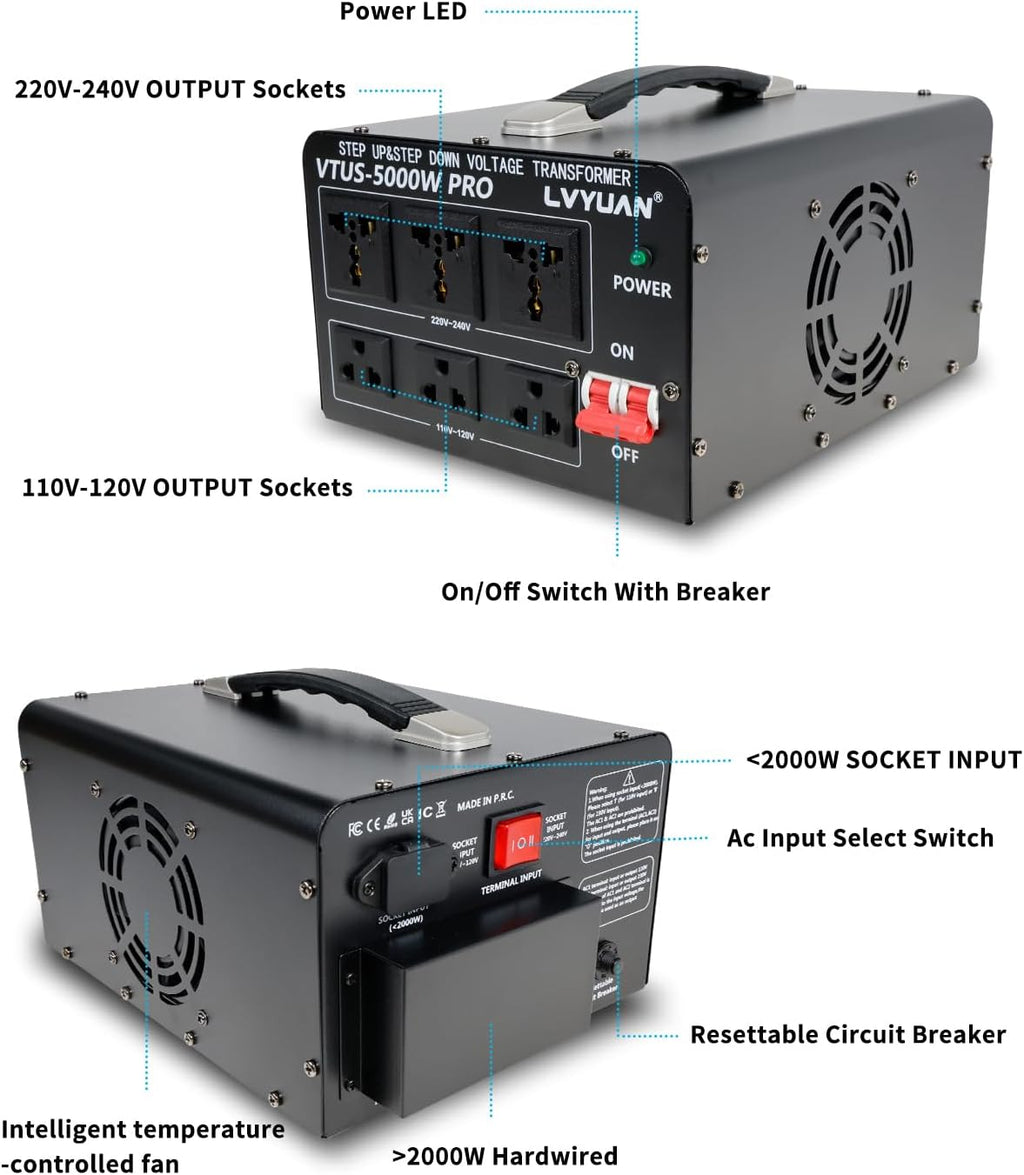 LVYUAN 5000 Watt Voltage Converter Transformer Heavy Duty Step Up Step Down AC 110V/120V/220V/240V Converter with Hard-Wiring