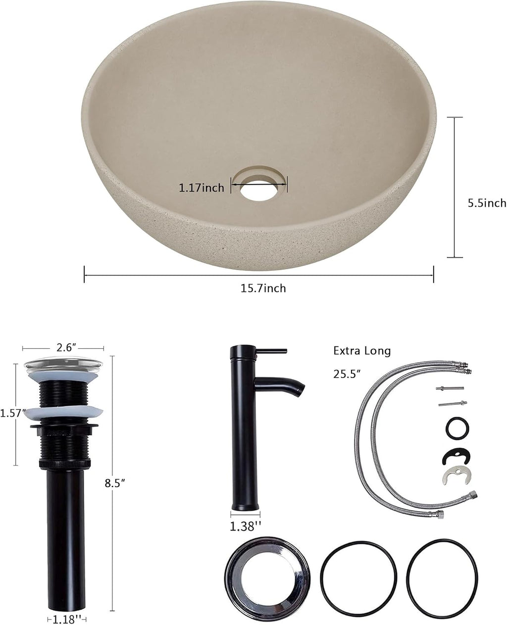 YIMAI Handcrafted Concrete Vessel Sink with Faucet & Drain – Eco-Inspired Coffee Grounds Countertop Basin, 15.7'x5.5', Artisan Brown Cement Bathroom Vanity Bowl for Modern & Luxury Spaces