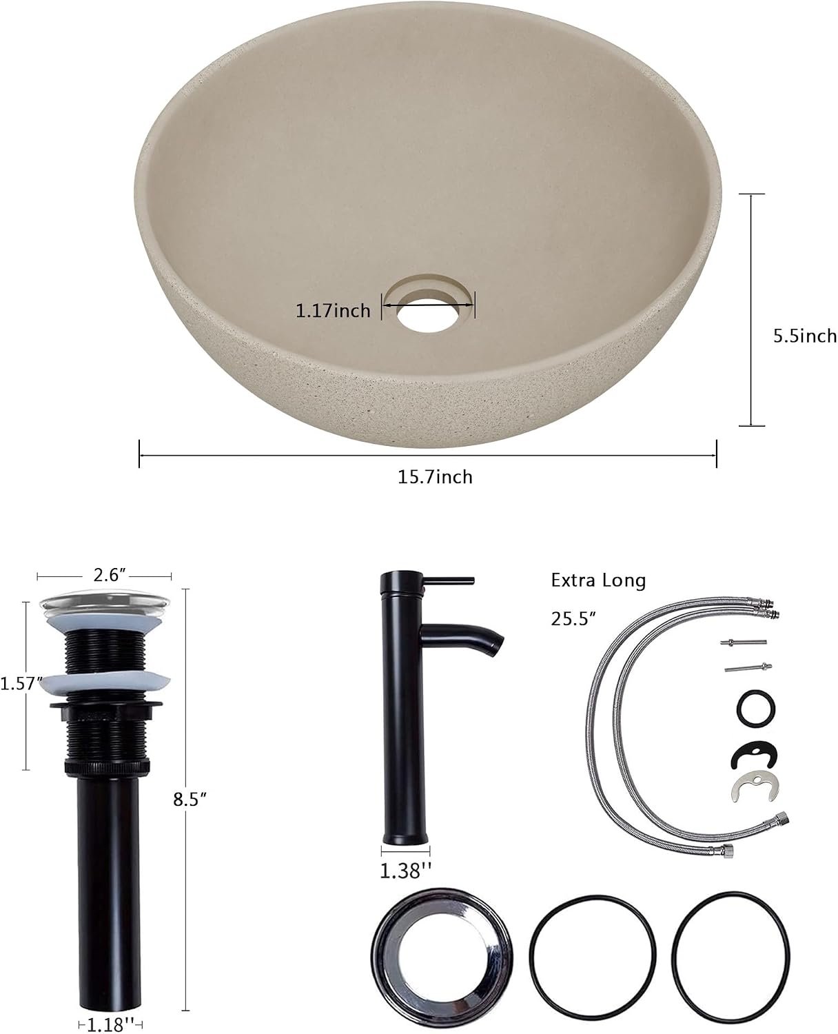 YIMAI Handcrafted Concrete Vessel Sink with Faucet & Drain – Eco-Inspired Coffee Grounds Countertop Basin, 15.7'x5.5', Artisan Brown Cement Bathroom Vanity Bowl for Modern & Luxury Spaces