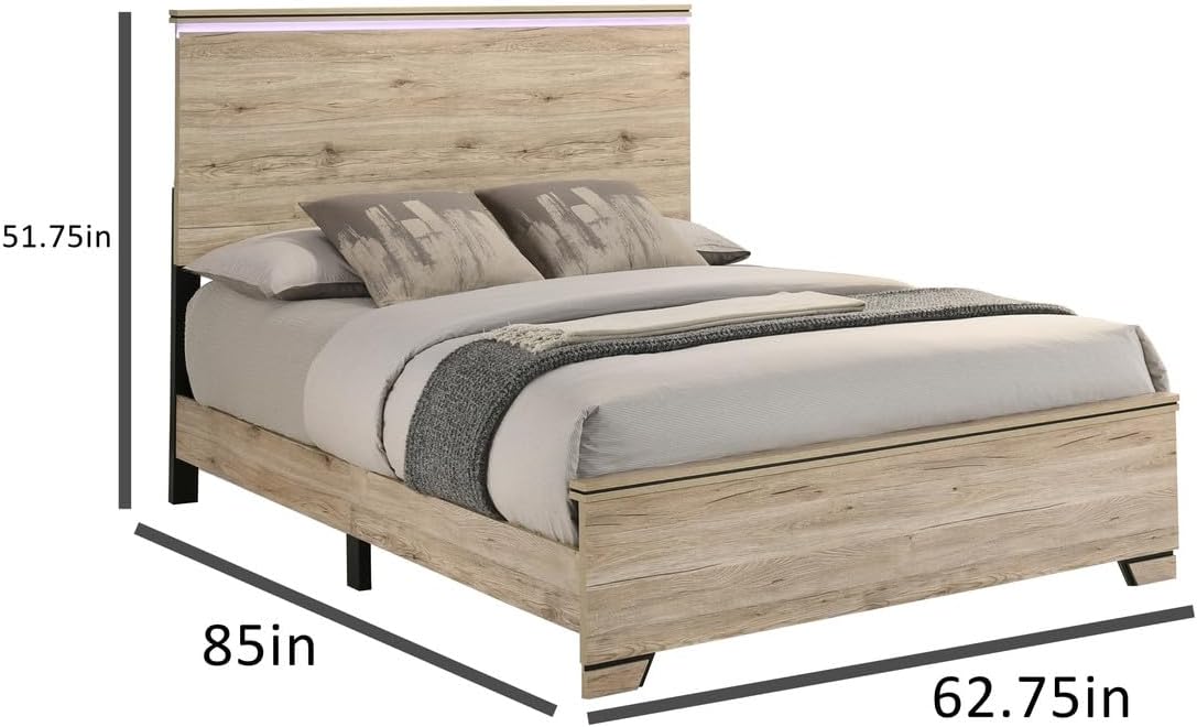 Best Quality Furniture Rustic Light Brown Oak Wood Bedroom Set with Charging Station and LED Lighting