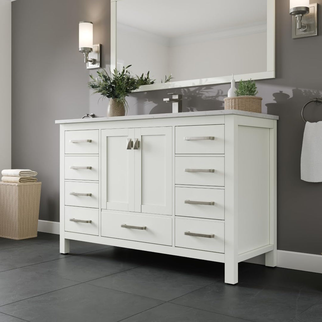 Eviva London 48 White Bath Vanity - Freestanding Countertop Quartz - Single Sink Bathroom Vanity with Porcelain Sink Combo
