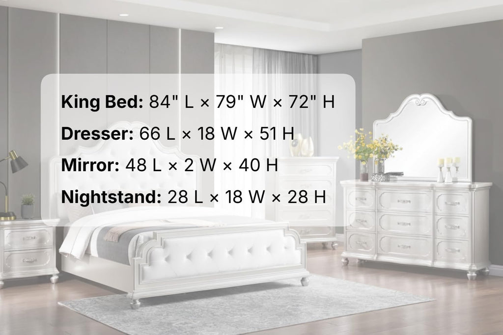 First of a Kind Roma Silver Finish Traditional 4 Piece King Bedroom Set with Upholstered Tufted Headboard Classic European Style Coordinated Furniture Collection