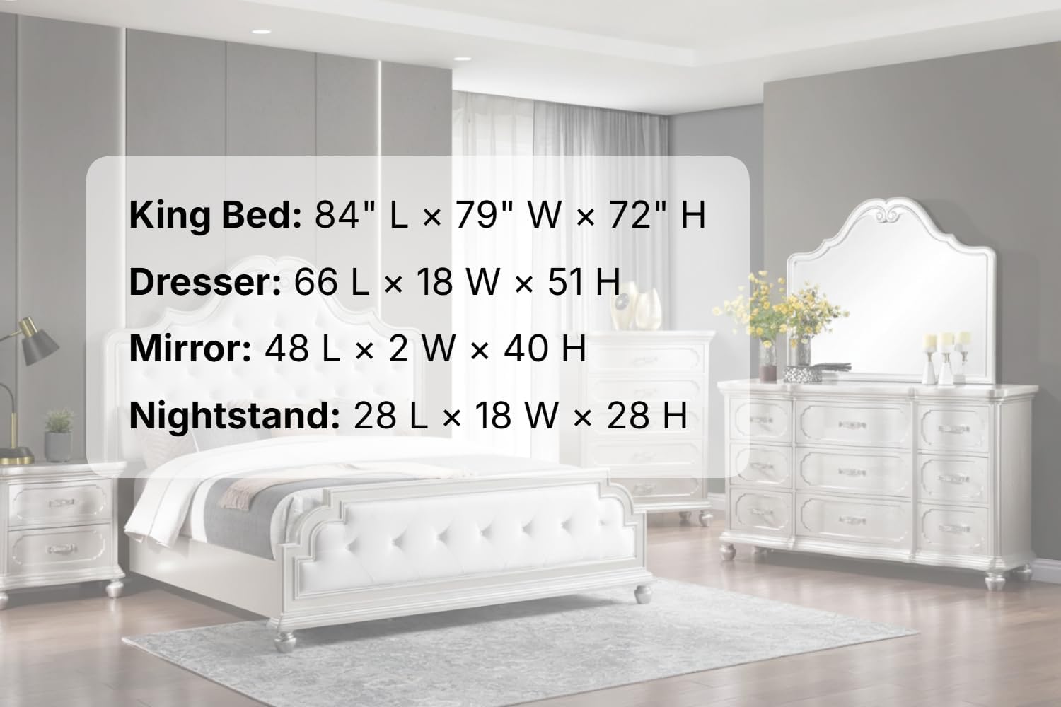 First of a Kind Roma Silver Finish Traditional 4 Piece King Bedroom Set with Upholstered Tufted Headboard Classic European Style Coordinated Furniture Collection