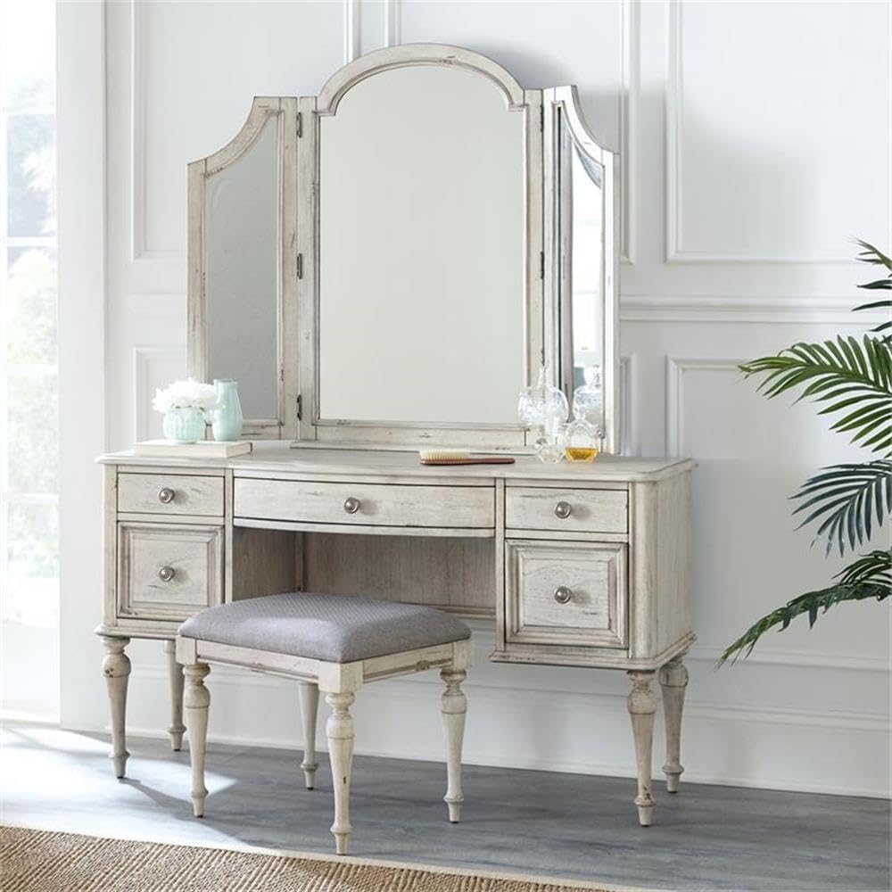 BOWERY HILL Modern Rustic Vanity Bench, Solid Hardwood Frame, Distressed Ivory Finish, Dove Gray Upholstered Seat, 20' W x 16' D x 18' H, Tapered Turned Legs, Vintage Farmhouse Bedroom Stool