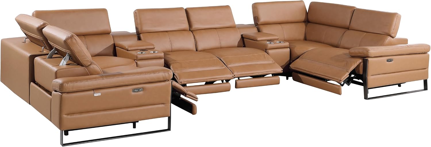 BlackJack Furniture Antonio 8 Piece U Shaped Power Reclining Sectional Sofa, Modular Couch with Top Grain Italian Leather, 4 Electric Recliners, USB & Wireless Chargers, Storage Console, Cognac