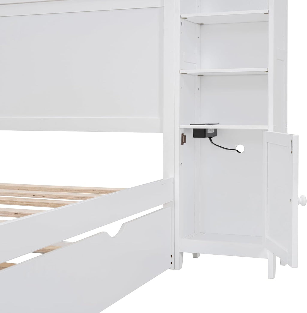 Polibi Full Size Bed Frame with Bookcase Headboard,2 Storage Drawers and Trundle,Wooden Platform Bed Full Size with All-in-One Cabinet, Shelf and Sockets,White