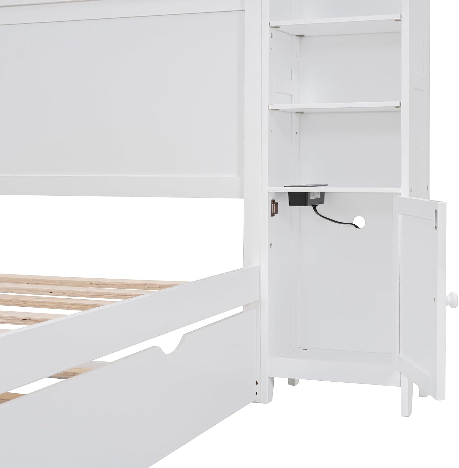 Polibi Full Size Bed Frame with Bookcase Headboard,2 Storage Drawers and Trundle,Wooden Platform Bed Full Size with All-in-One Cabinet, Shelf and Sockets,White