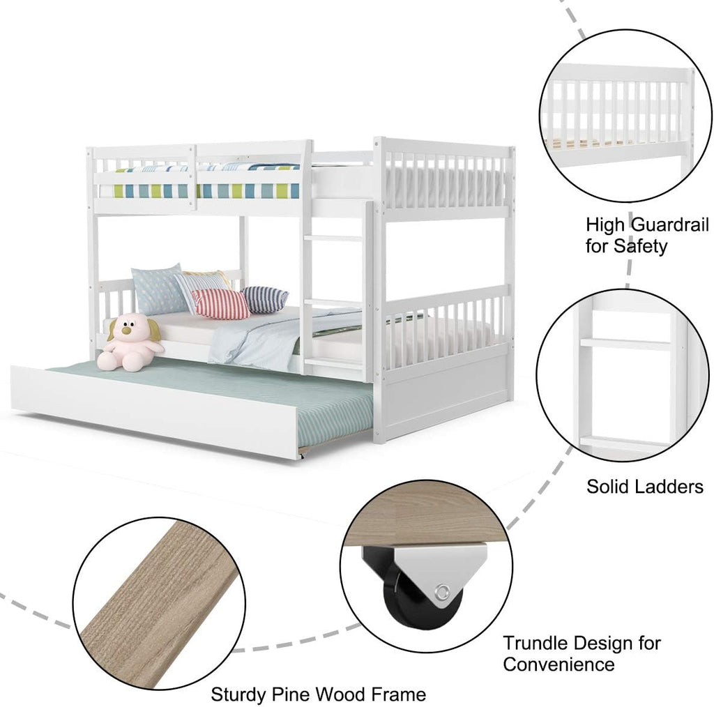 KOMFOTT Wood Full Over Full Bunk Bed with Trundle, Full Bed Frame with Ladder, Solid Wood Frame & Safety Guardrails, Space-Saving Bunk Bed for Teens & Adults, No Box Spring Needed