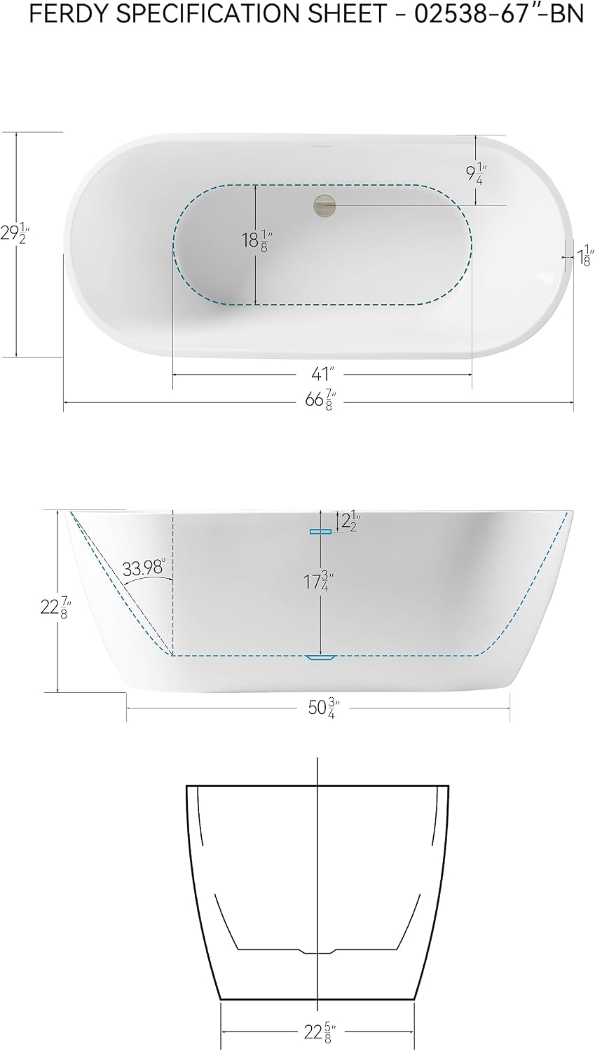 FerdY 67' Bali Acrylic Freestanding Bathtub, Gracefully Shaped Freestanding Soaking Bathtub, cUPC Certified, Toe-Tap Brushed Nickel Drain and Minimalist Linear Design Overflow Included