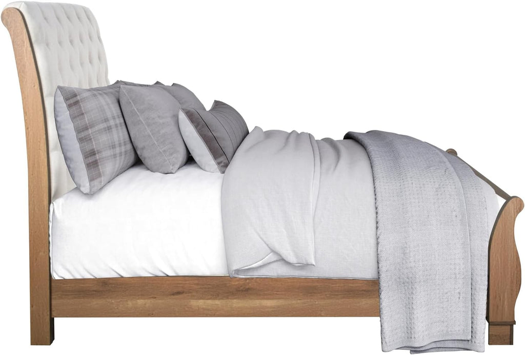 HomeStock 5-Piece Bedroom Set with Upholstered Bed in Pecan Finish - Includes Headboard, Footboard, Slat Kit, 2 Side Rails, Dresser, Mirror, 2 Nightstands California King