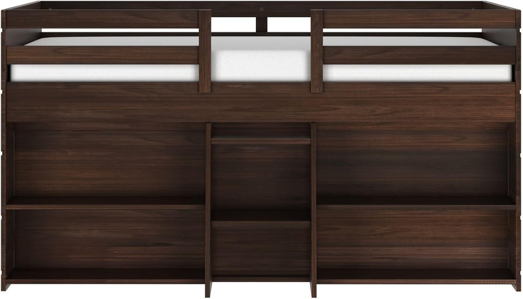 Max & Lily Modern Farmhouse Low Loft Bed, Twin Bed Frame for Kids with 2 Bookcases, Barnwood Brown