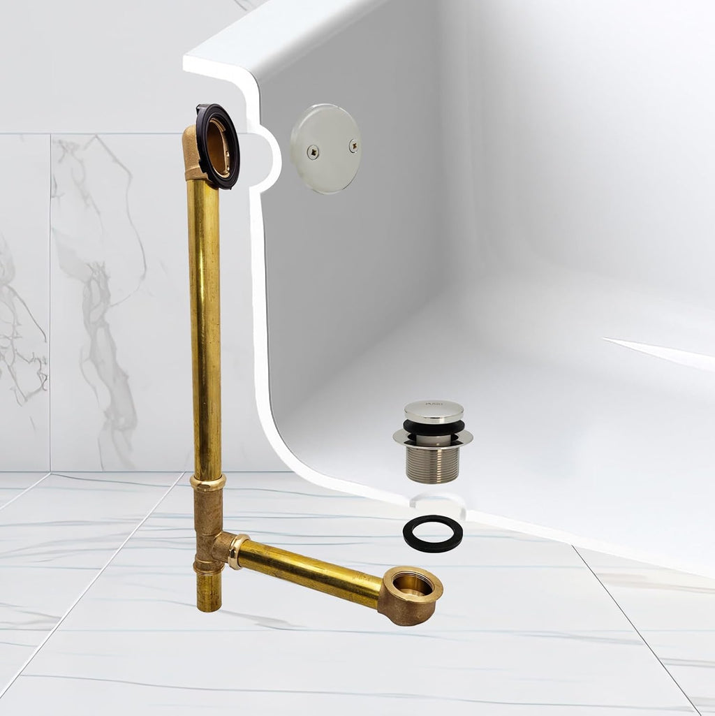 Westbrass A326-05 22-1/2' Brass Bath Waste & Overflow Assembly with Tip-Toe Drain Plug and 2-Hole Faceplate, Polished Nickel