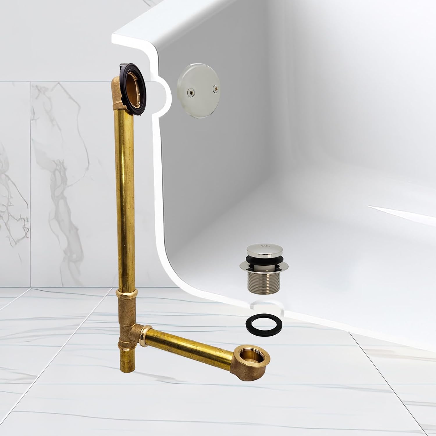Westbrass A326-05 22-1/2' Brass Bath Waste & Overflow Assembly with Tip-Toe Drain Plug and 2-Hole Faceplate, Polished Nickel