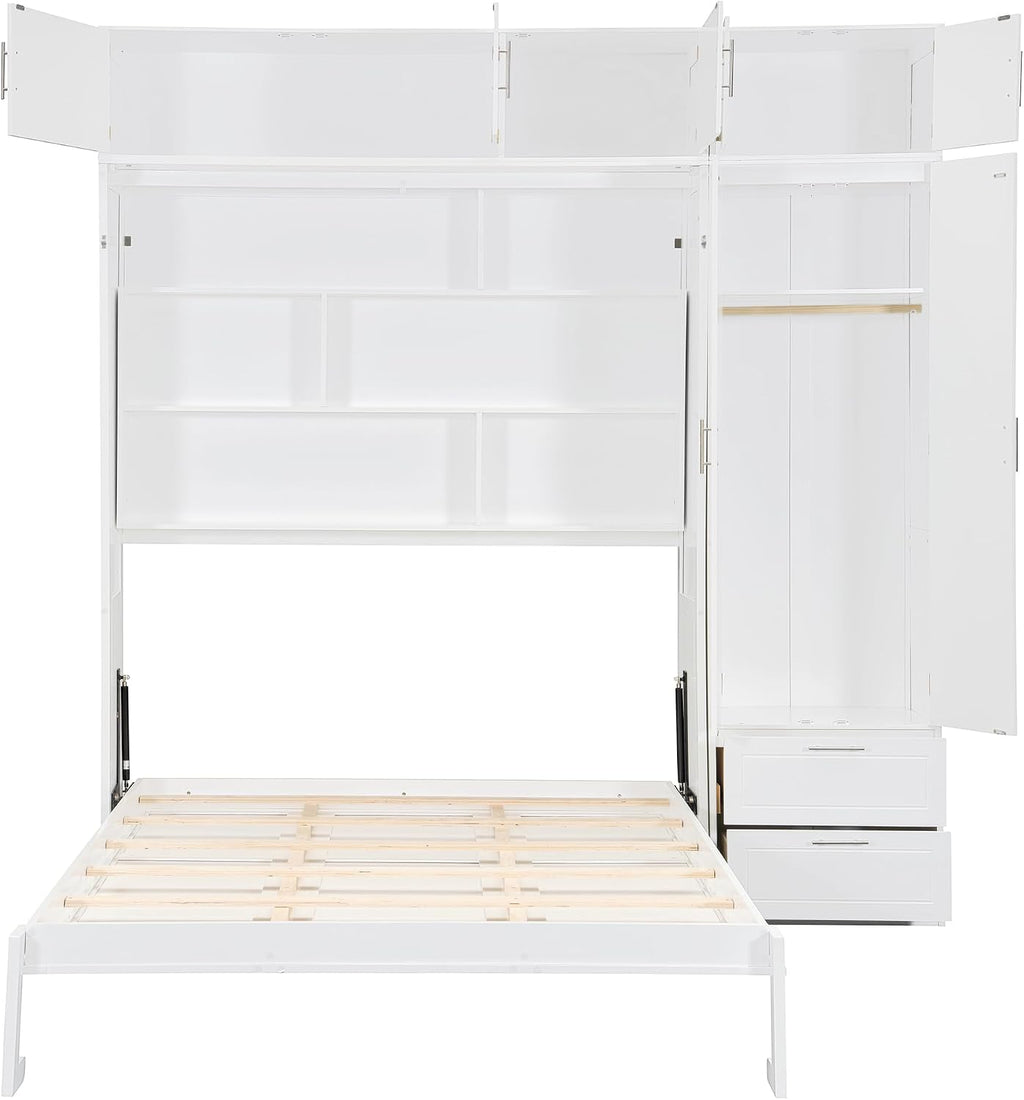 Merax Queen Size Murphy Bed with Shelves, Top Cabinet and Wardrobe, Fold into The Wall, Space-Saving Design Foldable Platform Bed Frame for Bedroom, Guest Room, Home Office, White