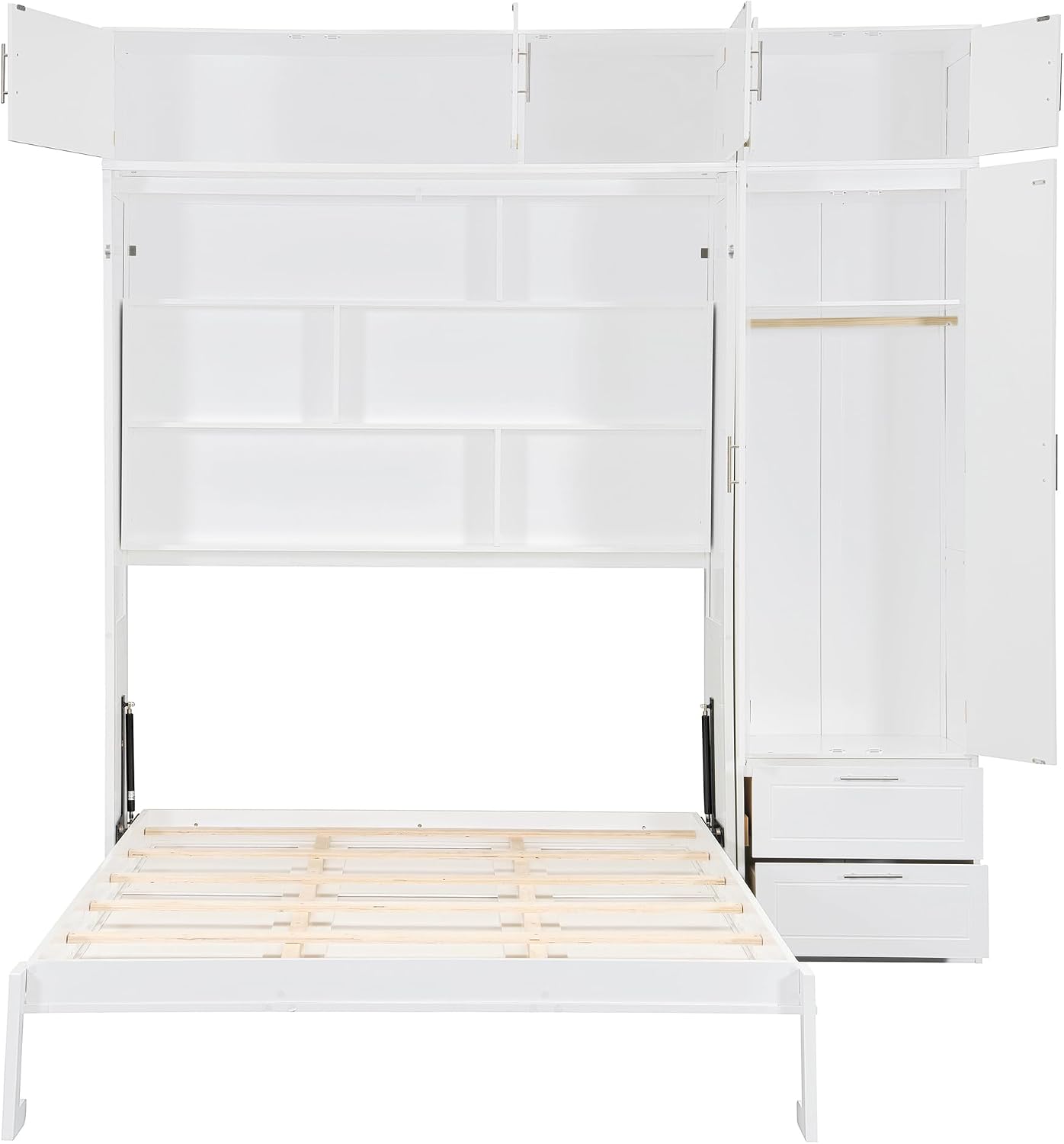 Merax Queen Size Murphy Bed with Shelves, Top Cabinet and Wardrobe, Fold into The Wall, Space-Saving Design Foldable Platform Bed Frame for Bedroom, Guest Room, Home Office, White