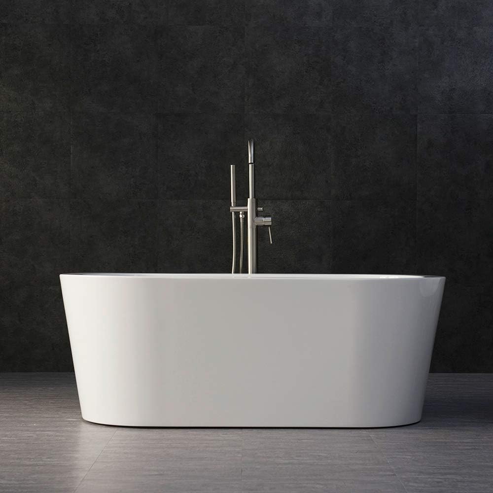 WOODBRIDGE 59' Acrylic Freestanding Bathtub Contemporary Soaking White Tub with Brushed Nickel Overflow and Drain，B0012 -B/N-Drain &O