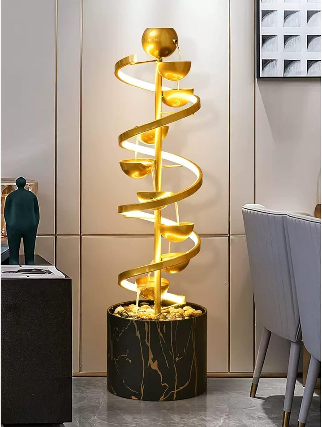 Tabletop Fountain Indoor Relaxation Fountain Waterfall with Spiral Rotating LED Light Living Room Office Water Feature Decorative Floor Lamp for Home and Spaces Decor(Black)