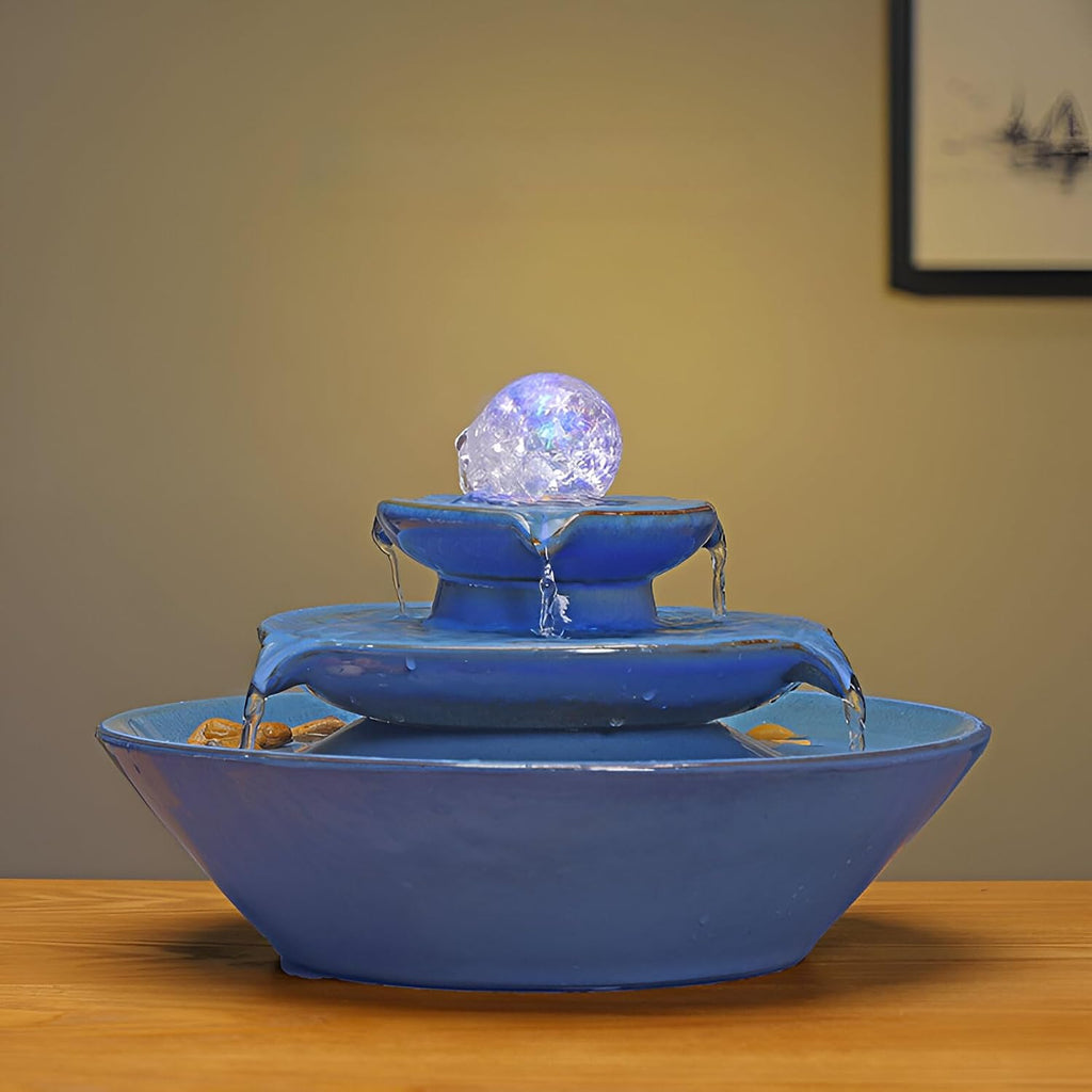 11.8' Indoor Tabletop Fountain, Ceramic Multi-Tier Waterfall with Crystal Ball & Fish Tank Feature, Free 10pcs Natural Crystals, Zen Home/Office/Entryway Decor, Housewarming Gift(Blue)