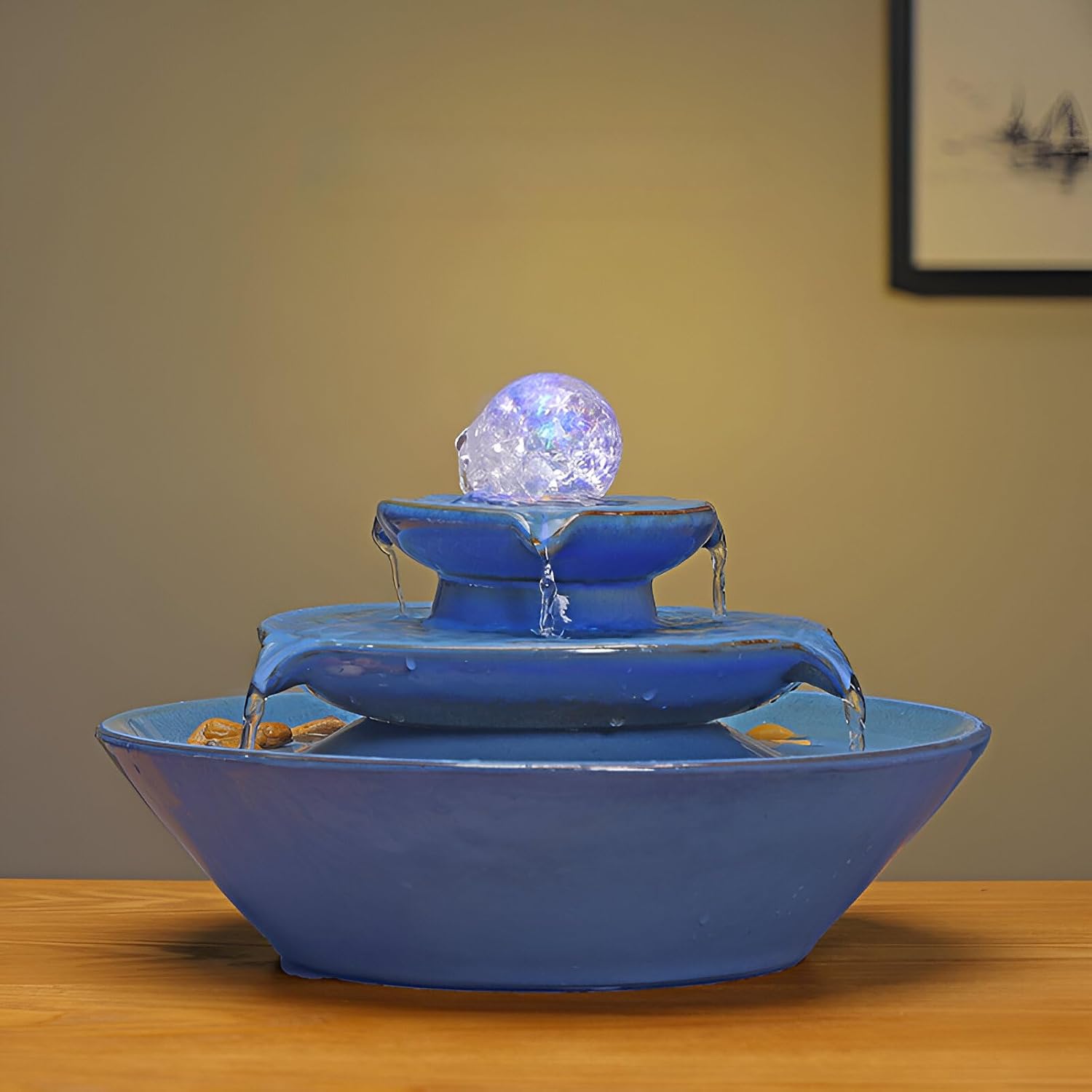 11.8' Indoor Tabletop Fountain, Ceramic Multi-Tier Waterfall with Crystal Ball & Fish Tank Feature, Free 10pcs Natural Crystals, Zen Home/Office/Entryway Decor, Housewarming Gift(Blue)