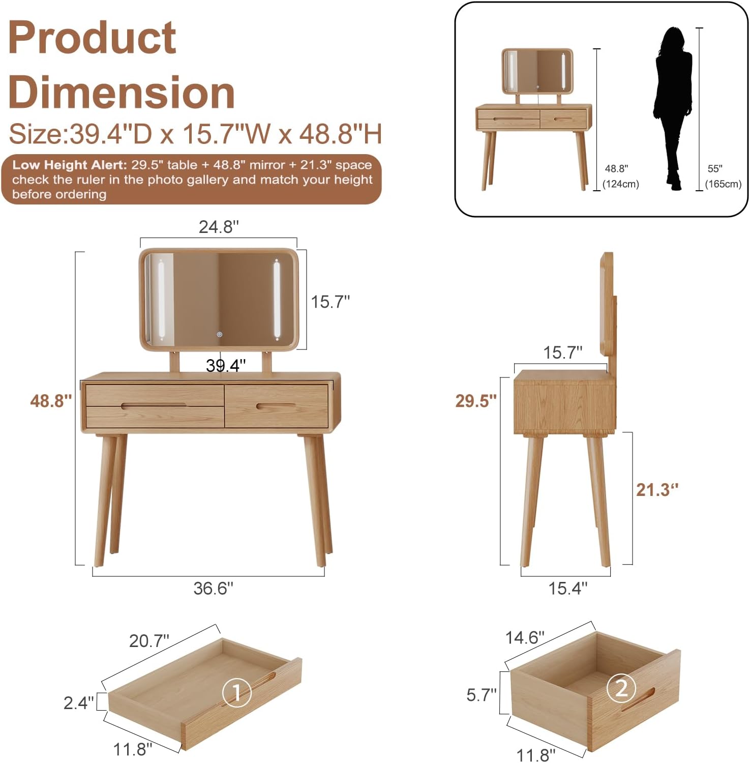 Solid Wood Vanity with Mirror and Lights, Adjustable Brightness, Wood Makeup Vanity with 3 Drawers, Semi-Assembled, Vanity Desk for Bedroom (Natural)