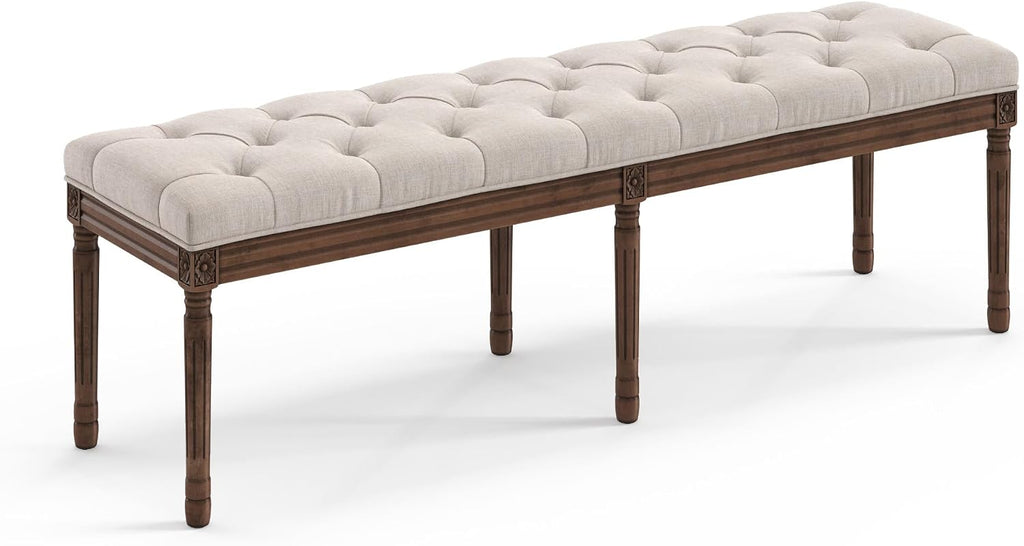 LUE BONA 60' Fabric End of Bed Bench, Upholstered Tufted French Bedroom Bench with Carved Dark Brown Legs for Bedroom End of King Size Bed, Living Room, Linen