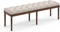 LUE BONA 60' Fabric End of Bed Bench, Upholstered Tufted French Bedroom Bench with Carved Dark Brown Legs for Bedroom End of King Size Bed, Living Room, Linen