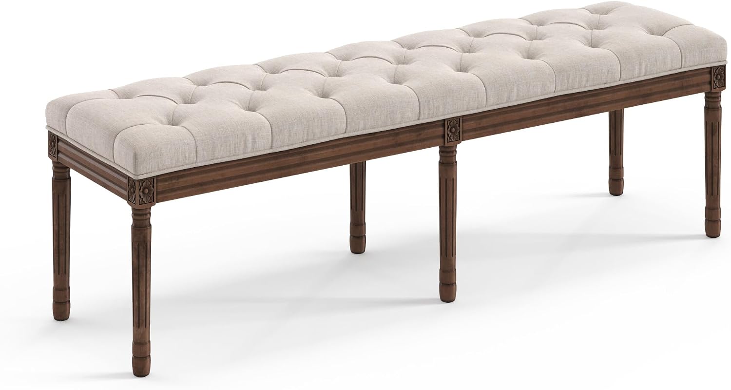 LUE BONA 60' Fabric End of Bed Bench, Upholstered Tufted French Bedroom Bench with Carved Dark Brown Legs for Bedroom End of King Size Bed, Living Room, Linen