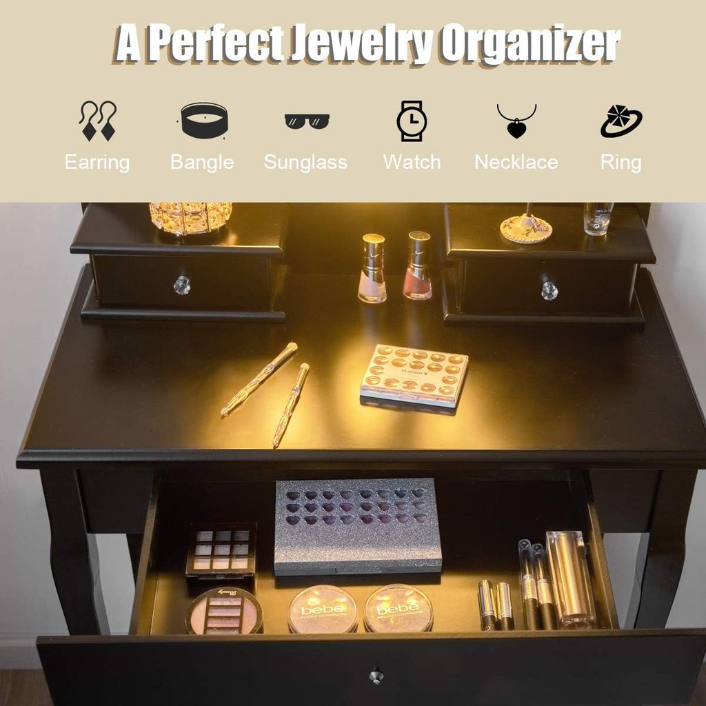 Giantex Vanity Set with Lighted Mirror, Makeup Table with 10 Rose Light, Modern Dressing Desk with Cushioned Stool, 3 Drawers and 360° Rotating Mirror for Bedroom, Vanity Table with Stool (Black)